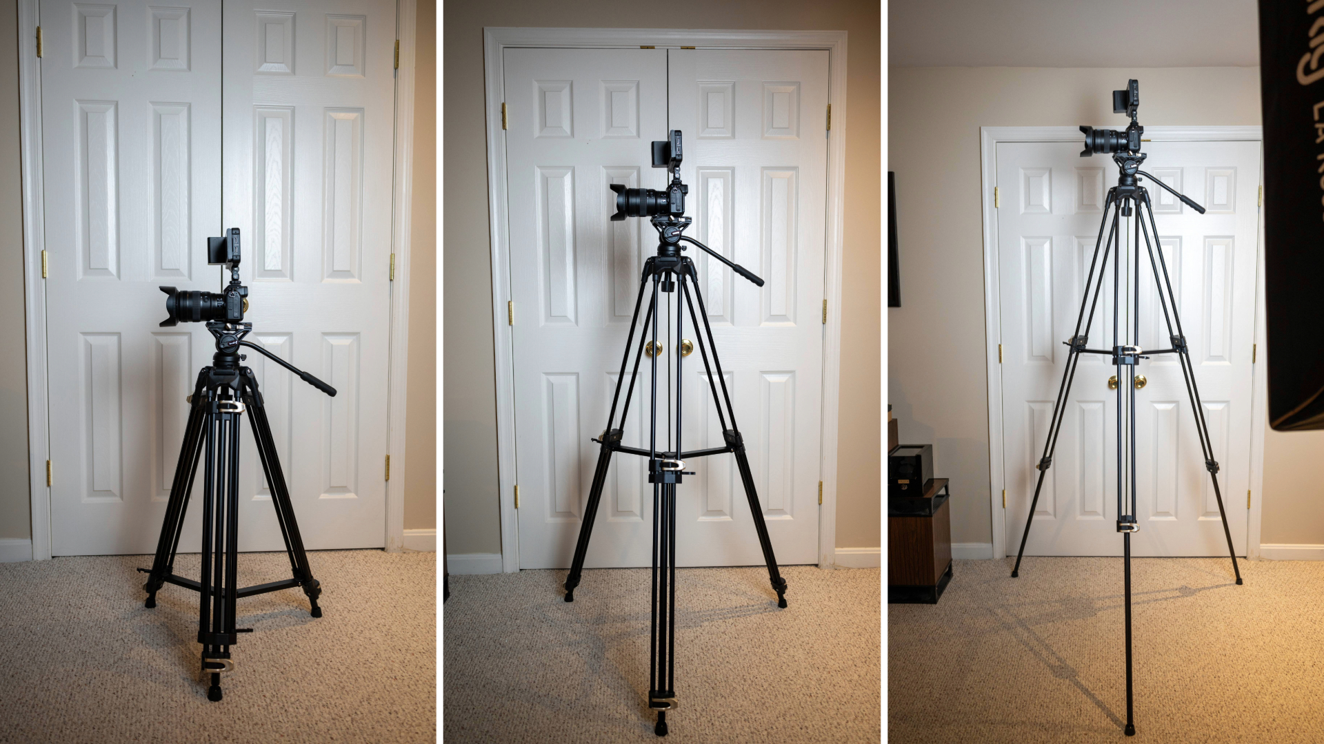 SmallRig AD-01 tripod shown in three different height settings, demonstrating its adjustable range from a lower, compact height to fully extended, illustrating its versatility for various shooting needs.