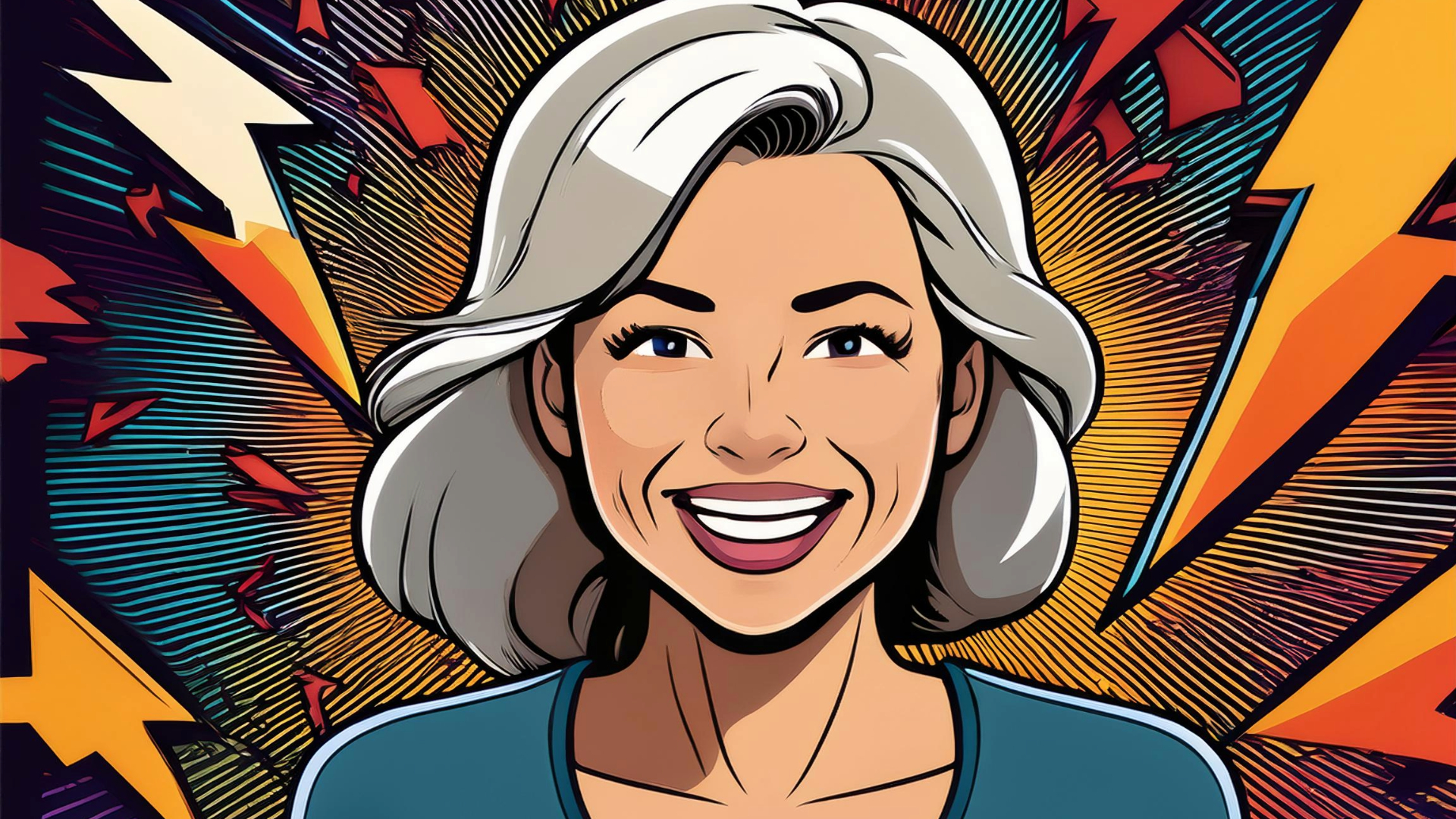 Illustration of a smiling woman with silver hair against an energetic background featuring lightning bolts and bursts, symbolizing positivity, confidence, and energy.