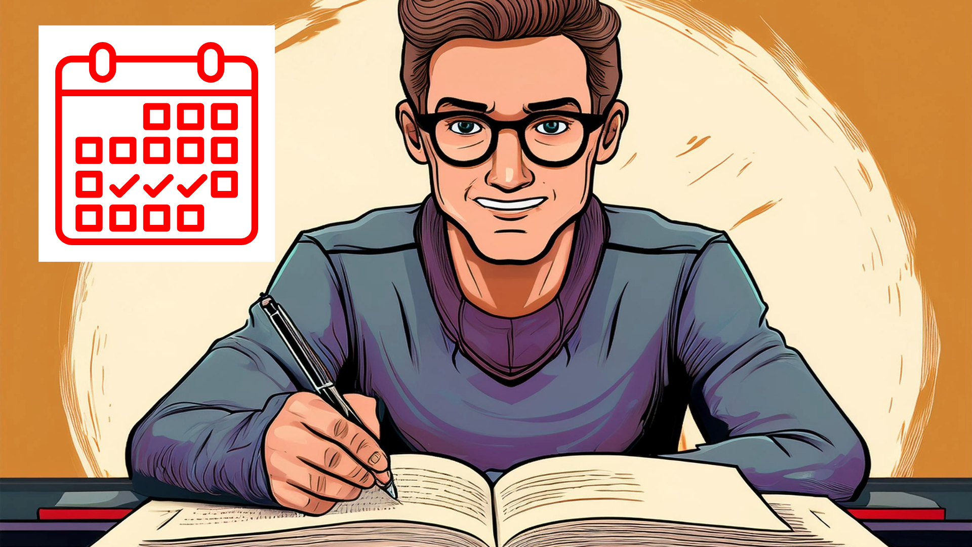 Illustration of a smiling man wearing glasses, writing in a notebook with a calendar icon showing checkmarks in the background, symbolizing effective time management and daily planning.