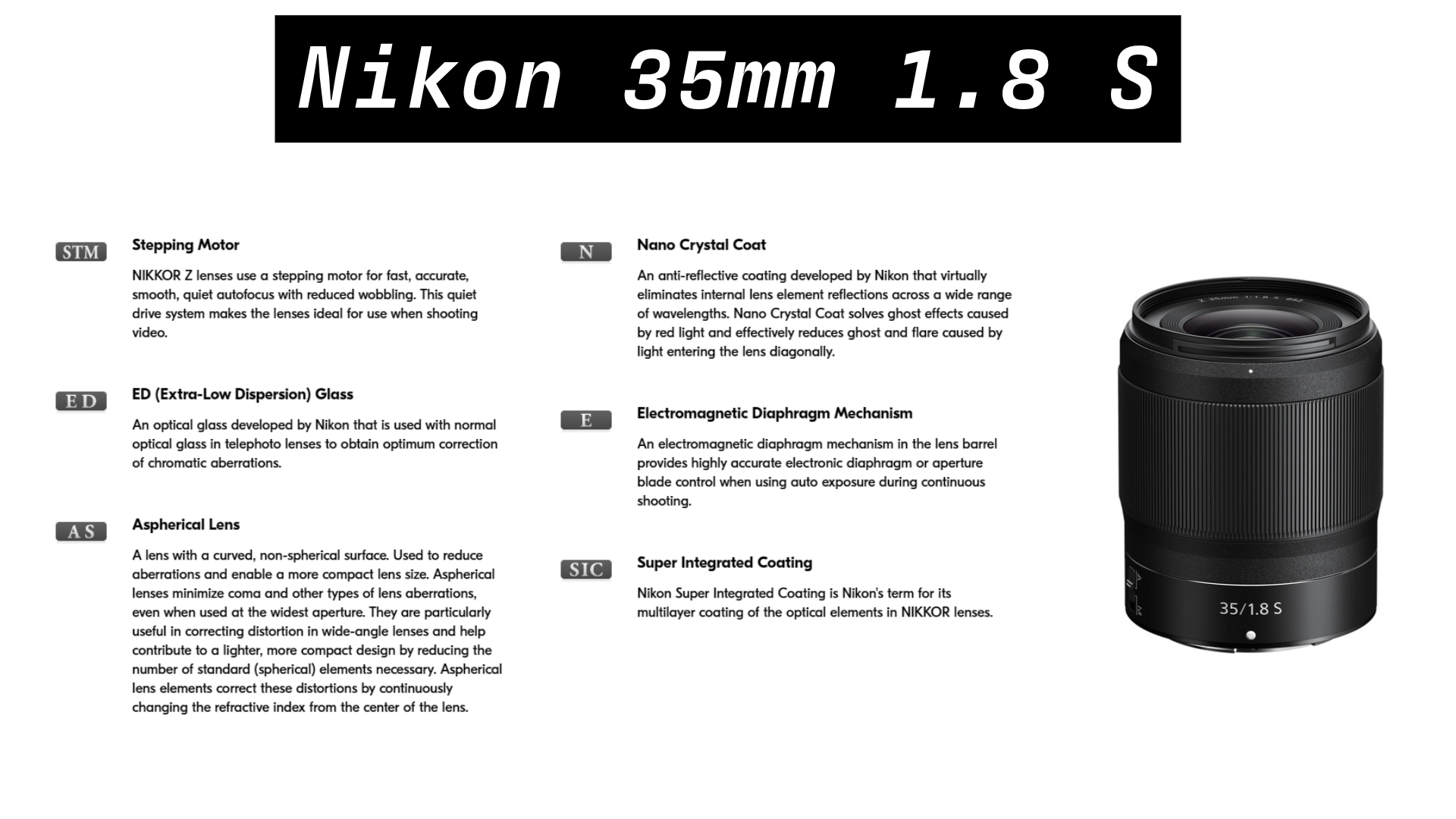 Infographic detailing Nikon's 35mm f/1.8 S lens, featuring key technologies such as stepping motor, ED glass, aspherical lens, Nano Crystal Coat, electromagnetic diaphragm mechanism, and super integrated coating. The lens is displayed with feature descriptions for improved optical performance and build quality.
