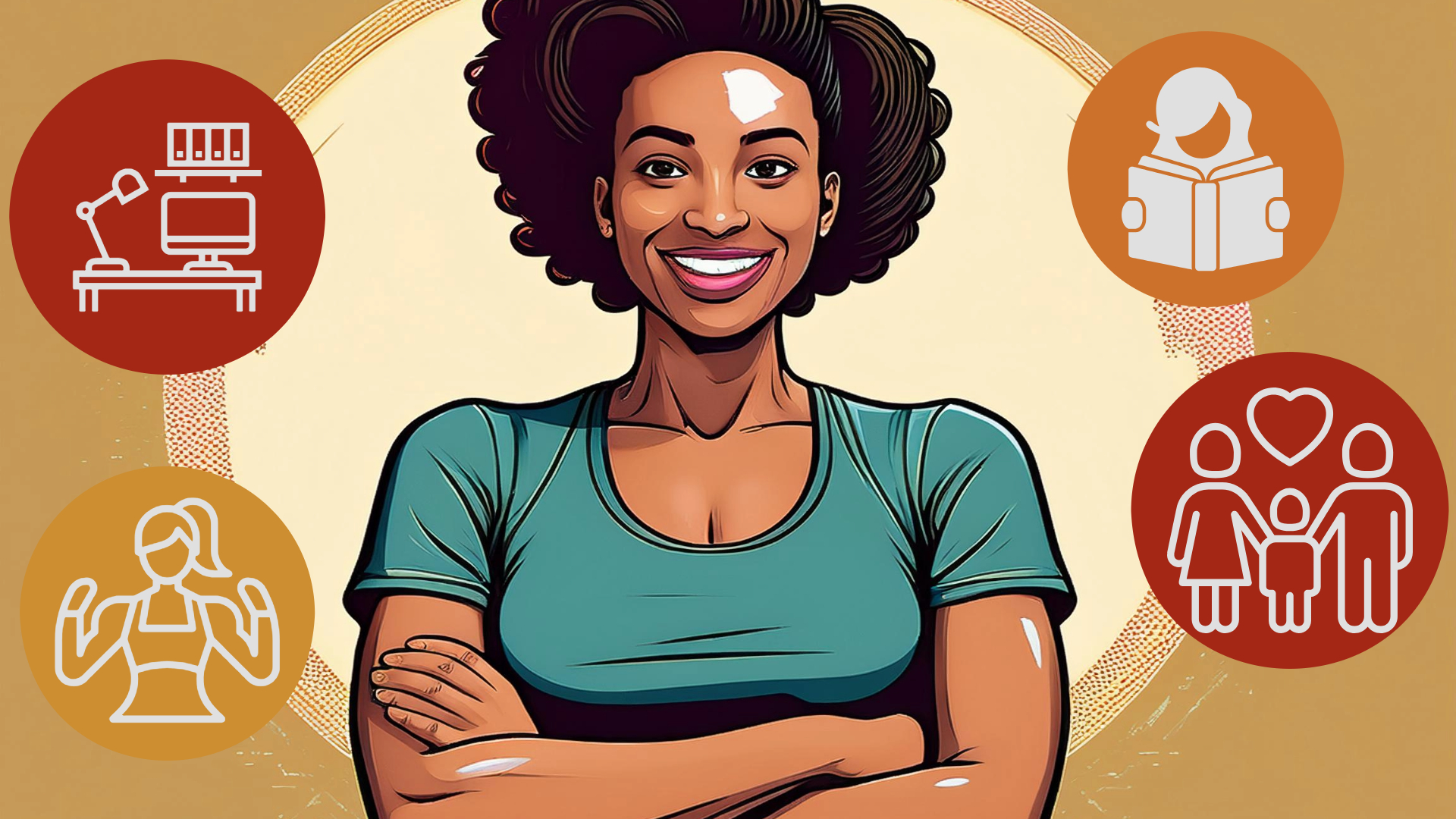 Illustration of a smiling woman standing confidently with her arms crossed, surrounded by icons representing work, fitness, family, and learning, symbolizing balance and mental clarity in managing various responsibilities.