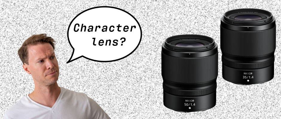 Man considering Nikkor 50mm f/1.4 and 35mm f/1.4 lenses beneath the question ‘Character lens?’