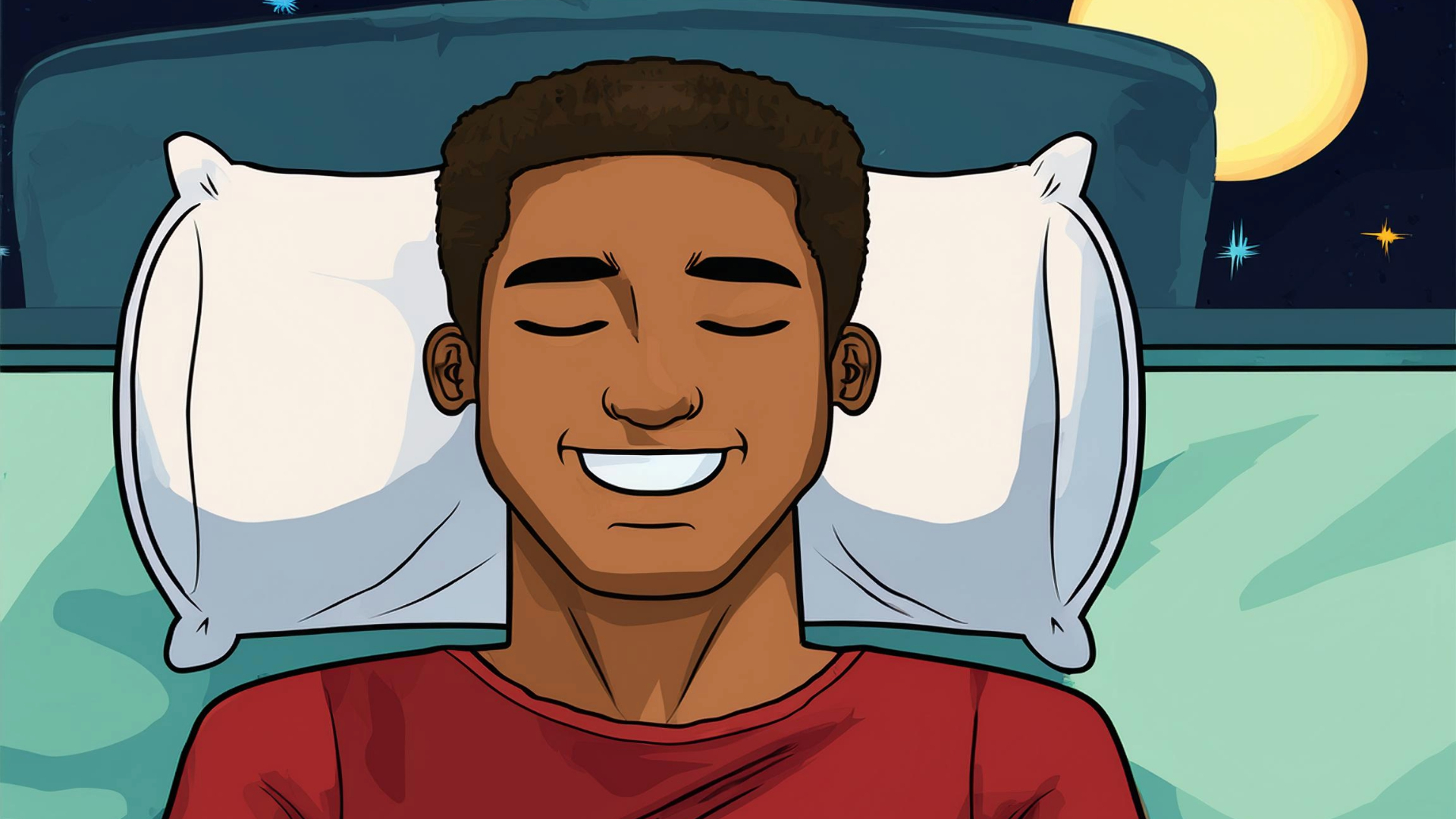 Illustration of a man smiling peacefully while sleeping on a pillow. He appears content and relaxed, conveying a sense of restful, high-quality sleep at night