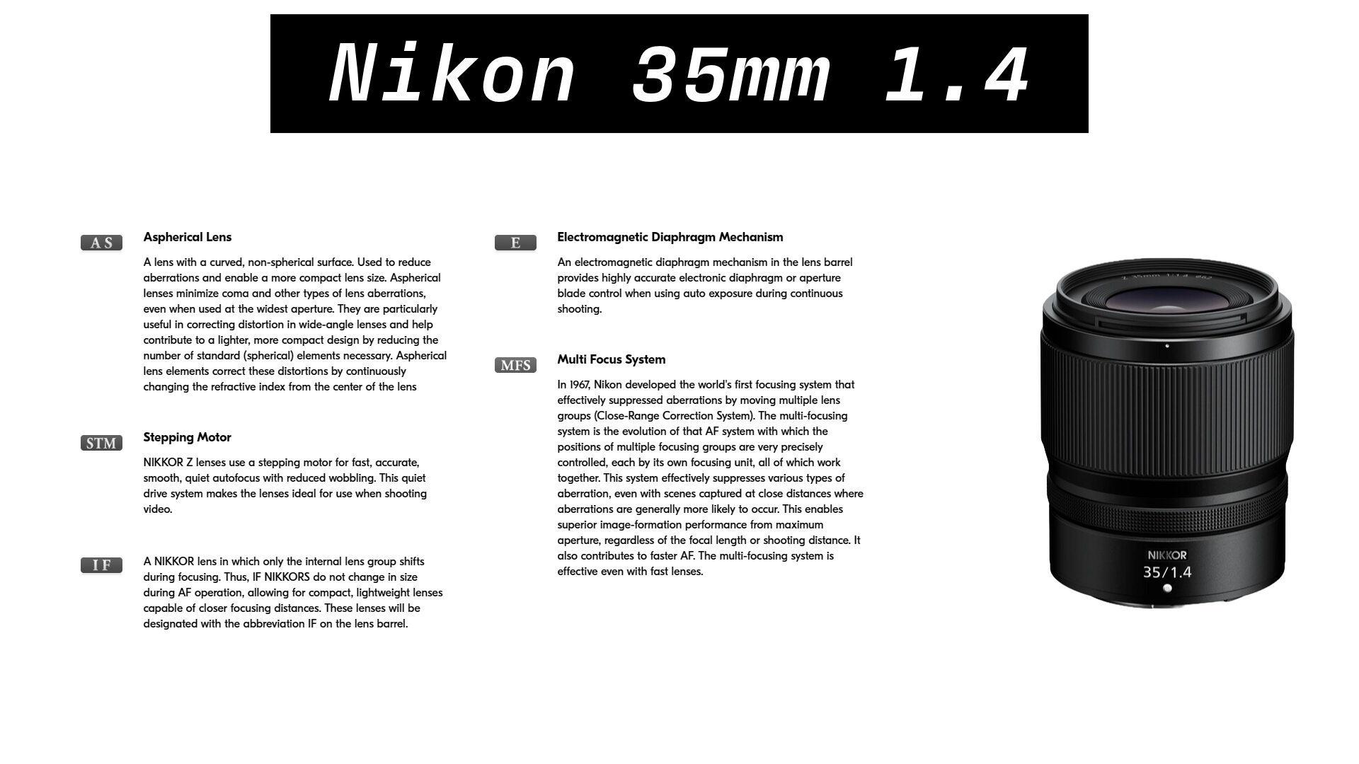 Infographic showcasing Nikon's 35mm f/1.4 lens with descriptions of key technologies like the aspherical lens element, electromagnetic diaphragm mechanism, stepping motor, internal focusing, and multi-focus system. The lens is visually displayed alongside detailed feature explanations.