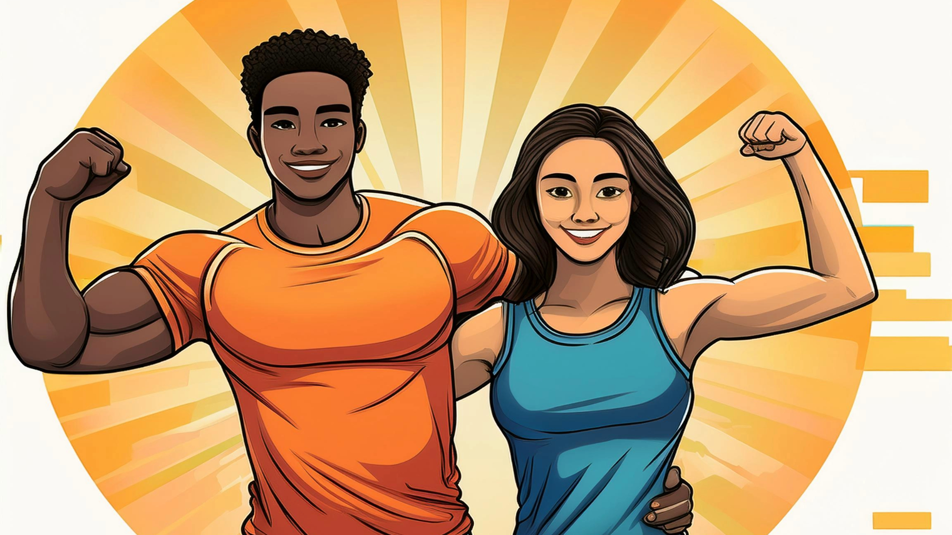 Illustration of a smiling, athletic man and woman flexing their muscles. The man, wearing an orange shirt, and the woman, in a blue tank top, are standing together with a bright sunburst background, symbolizing strength, positivity, and health
