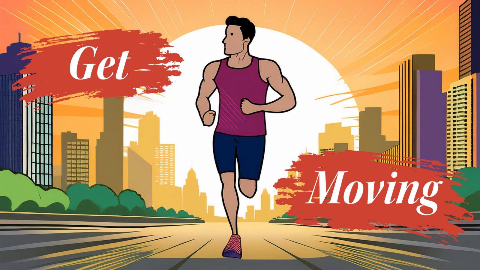 Illustration of a runner at sunrise with the words ‘Get Moving.’