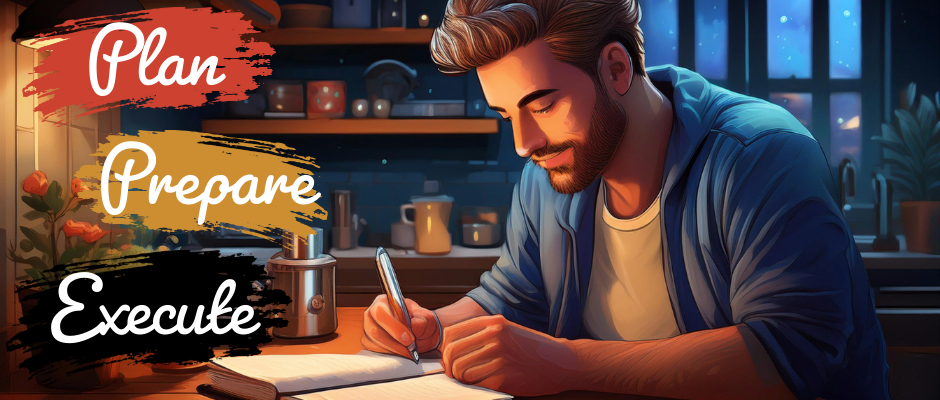 Man writing in a notebook at night beside the words ‘Plan, Prepare, Execute.’