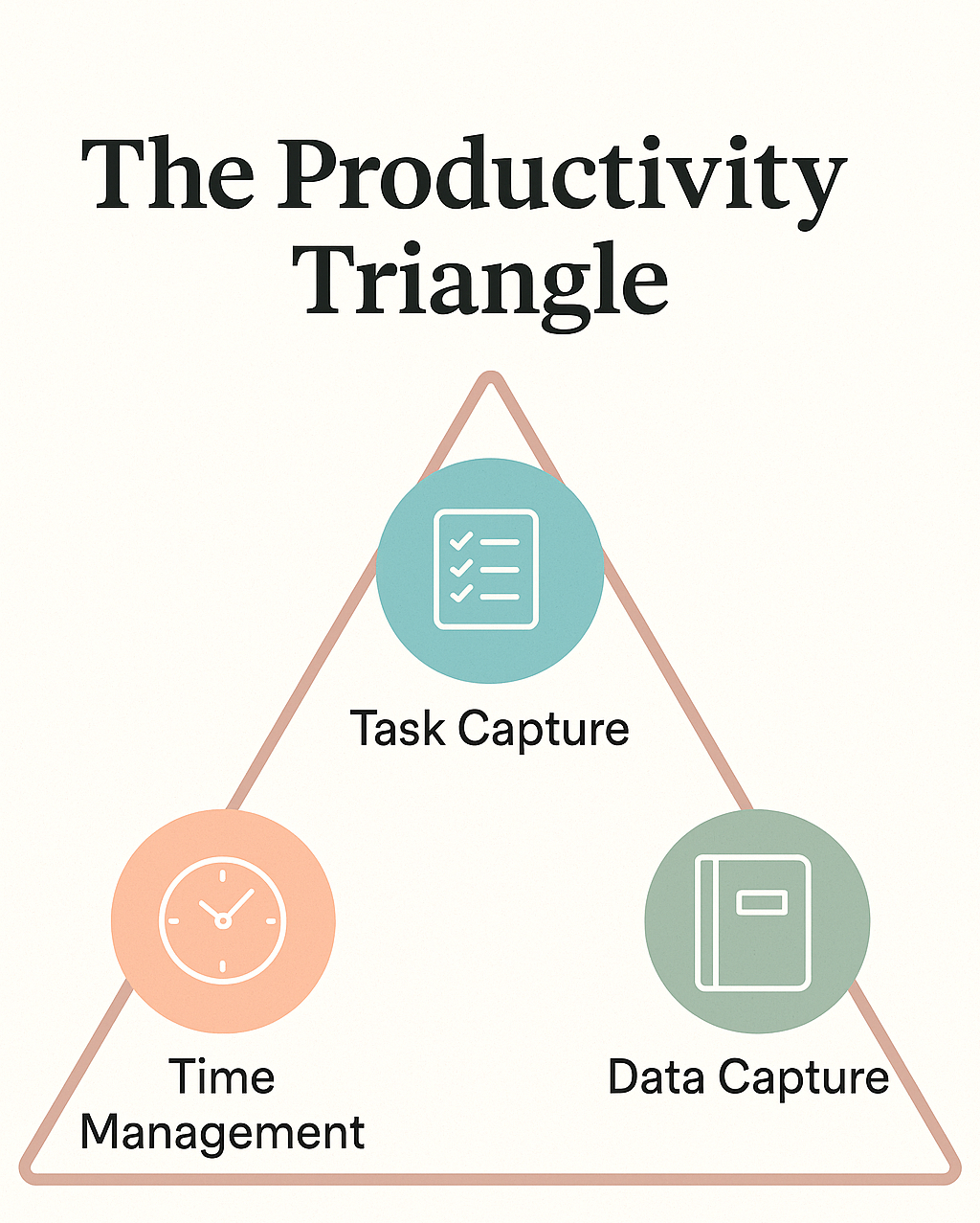 Infographic showing the Productivity Triangle: Task Capture, Time Management, and Data Capture at each point of a triangle, with simple icons and pastel colors