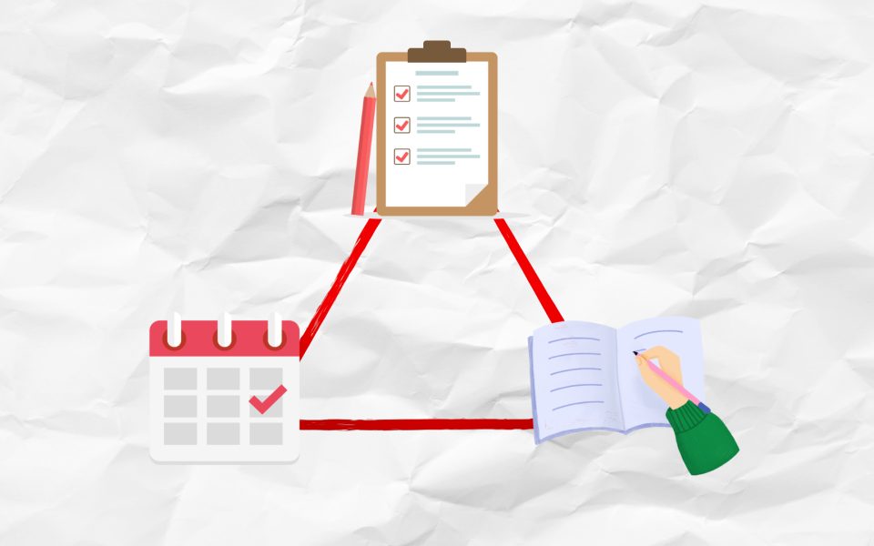 Illustration connecting a task checklist, calendar, and notebook—the three sides of the productivity triangle.