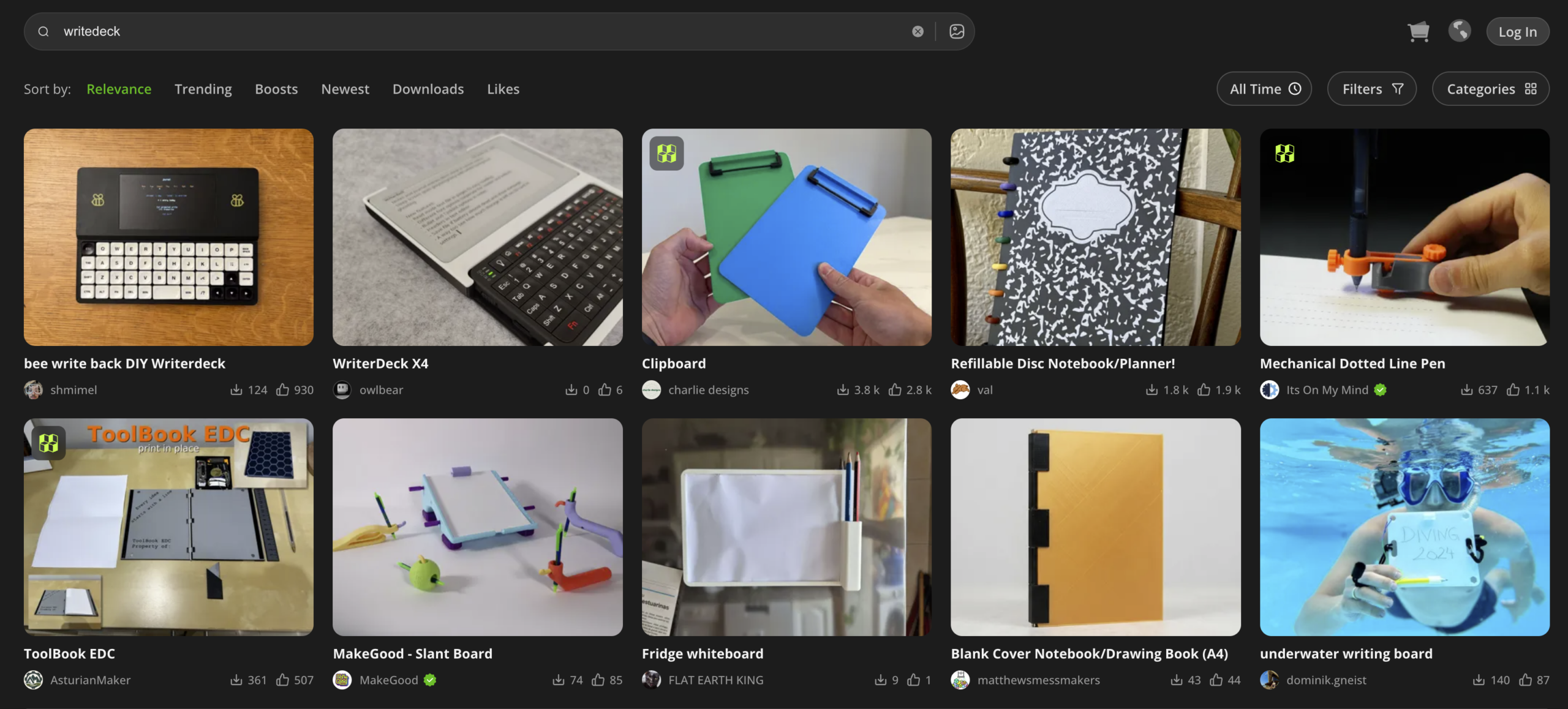 MakerWorld search results for writedeck, showing two writing devices alongside clipboards, notebooks, and other prints.