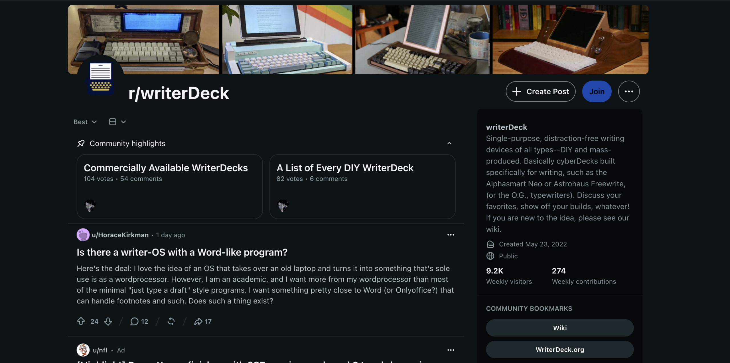 The r/WriterDeck subreddit, with photos of custom writing devices and community guides to commercial and DIY WriterDecks.