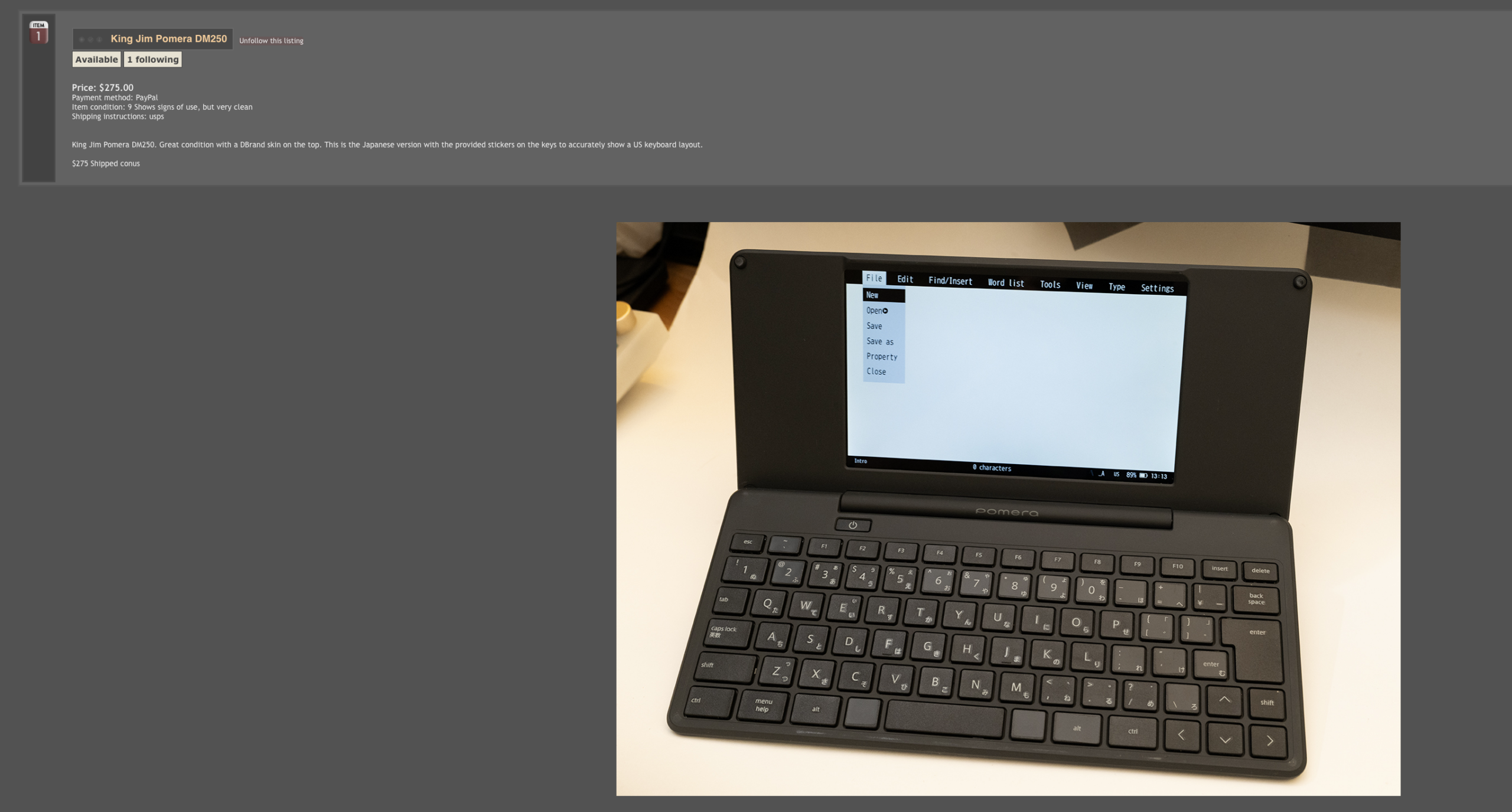 FredMiranda listing for a $275 King Jim Pomera DM250, showing its compact keyboard and writing screen.