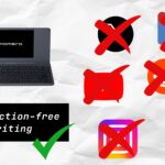Pomera writing device beside crossed-out social media and email logos, with the words “Distraction-free writing” and a green check mark.
